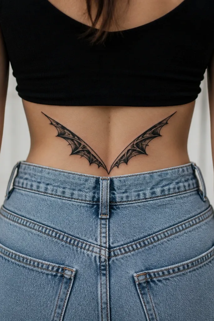 A bat-like wing shape drawn as a chevron using negative space, with black fill only along the outer edges. The center is skin, creating a sharp V-shaped graphic.