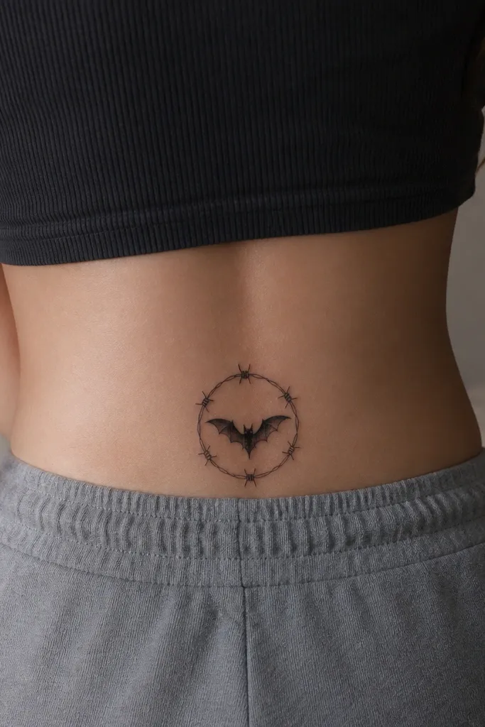 A bat sits inside a halo made of thin barbed wire loops. The wire is black with tiny grey highlights at the barbs; the bat is solid black with a little grey under-wings.
