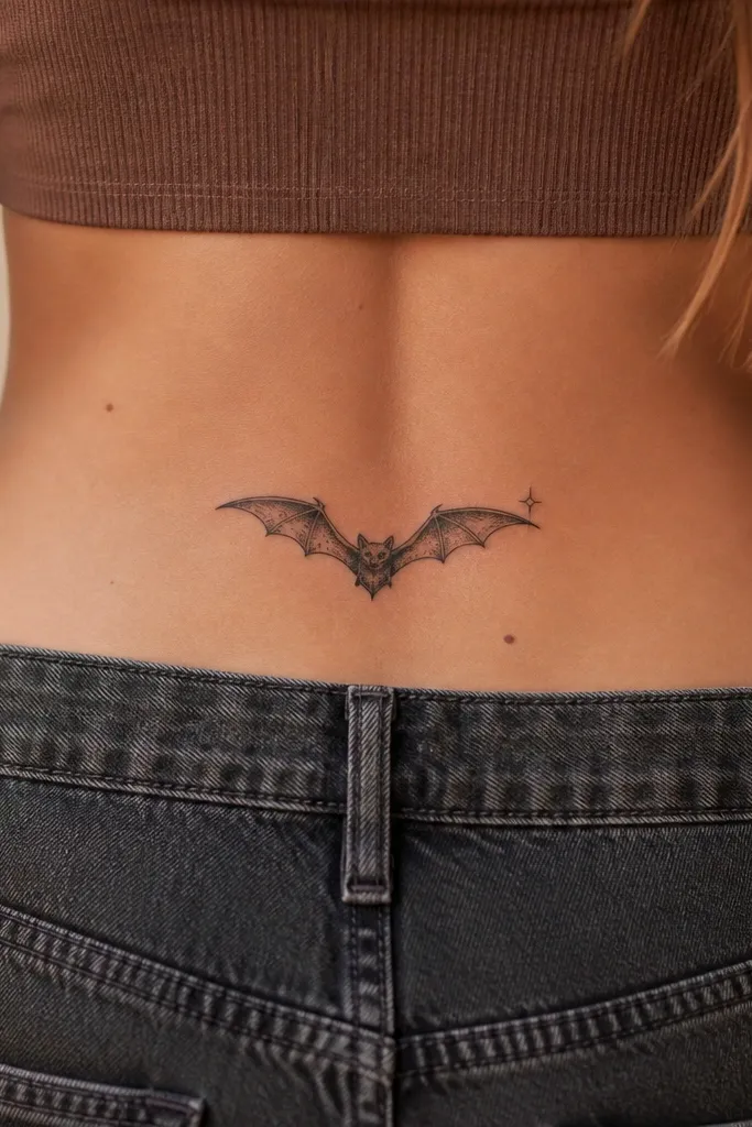 A bat with wings spread slightly, and a small starburst spark behind the upper wing. The spark has short black rays and a few grey dot highlights.