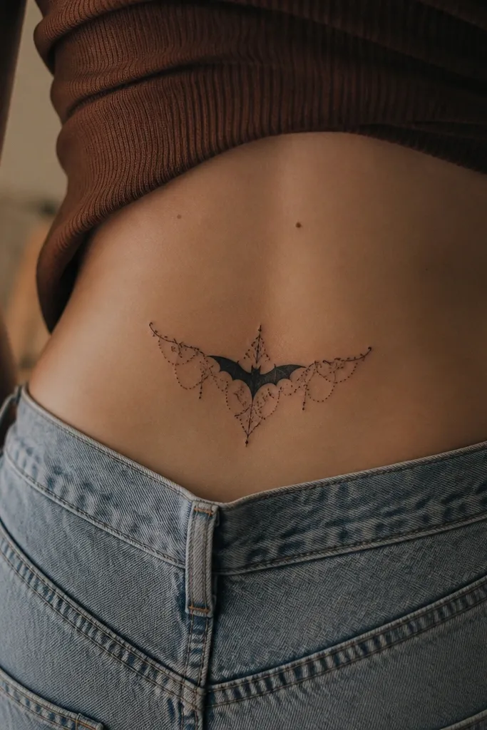 A bat centered above a lace-like dotwork underframe that curls like a small doily. The bat is solid black, dotwork underframe is grey-black with lots of negative space.