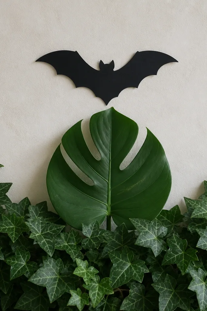 A bat outline in solid black sits above a monstera leaf with three main splits. A thick ivy border frames the bottom, with small leaves tucked under the monstera.