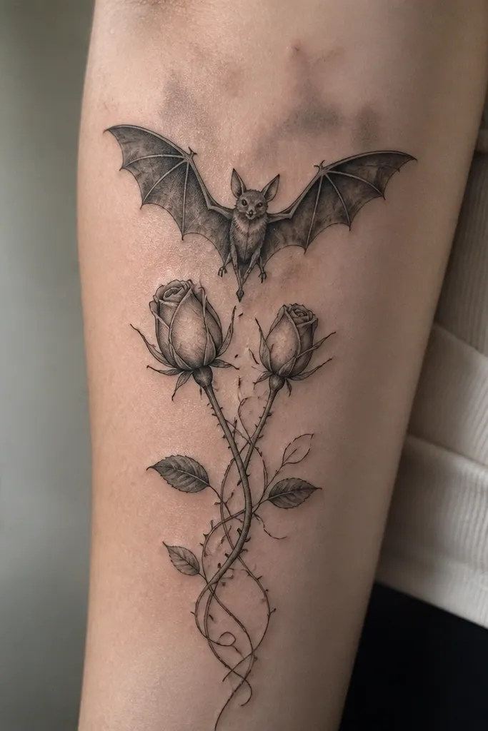 A small bat with shaded wings sits above two rosebuds. Thin vines curl down and wrap lightly around the rose stems, with gray wash shading behind the wings.
