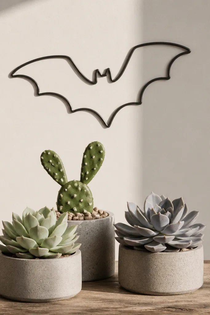 A bat outline sits above a small cactus arm and two succulents. The cactus has tiny dot spines, and the succulents show layered leaf lines in gray.