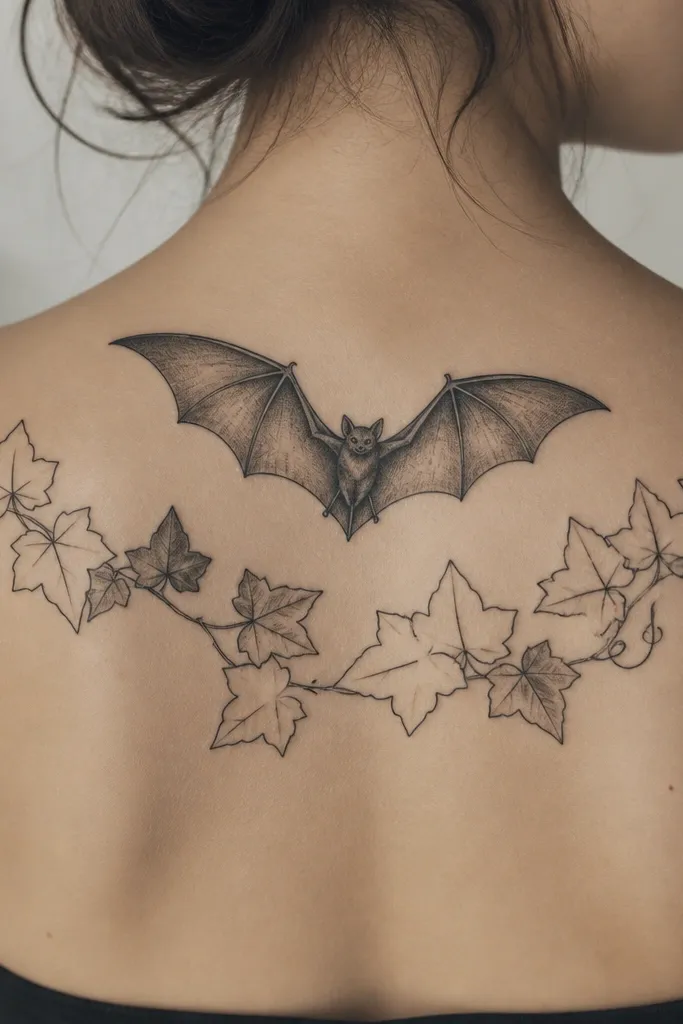 A bat outline with shaded underside sits above a wrap of ivy. Several ivy leaves are drawn with only outlines, leaving the inside mostly uninked for a sharp negative-space look.