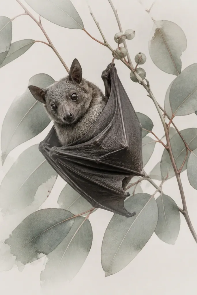 A bat with soft gray shading sits over eucalyptus leaves. The leaf edges fade into a light gray gradient, like watercolor bleed, while the stems stay darker and cleaner.