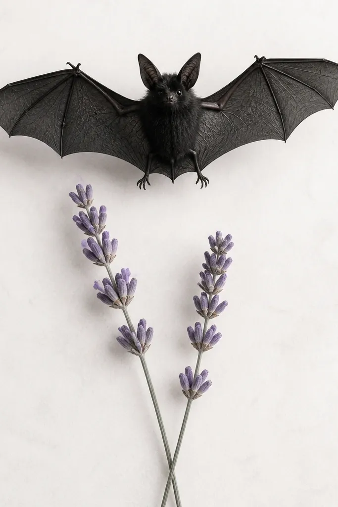 A delicate black bat sits above two lavender sprigs. The sprigs have thin stems, small clustered buds, and light gray shading under the wings.