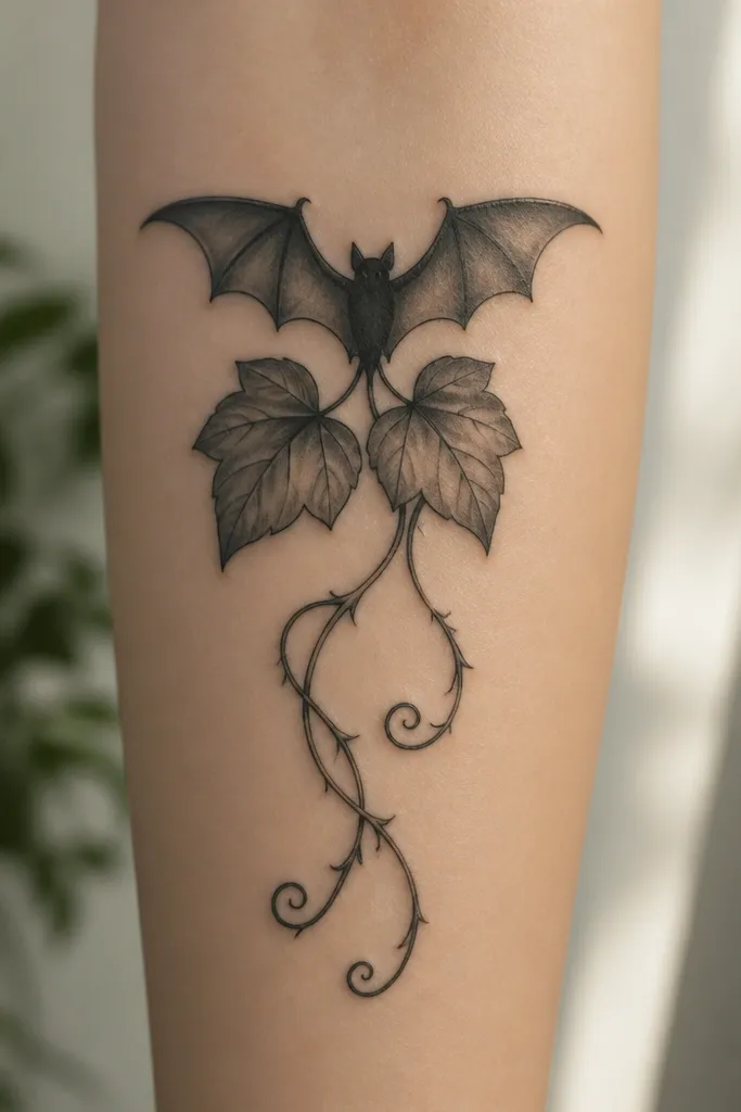 A black bat outline with slight gray shading sits above two nightshade leaves. Vines curl downward with small thorn tips at intervals.