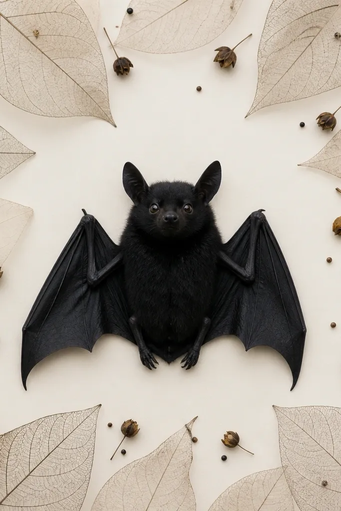 A solid black bat sits centered, framed by a border of leaf outlines. Small seed dots and tiny seed pods sit between the leaves.
