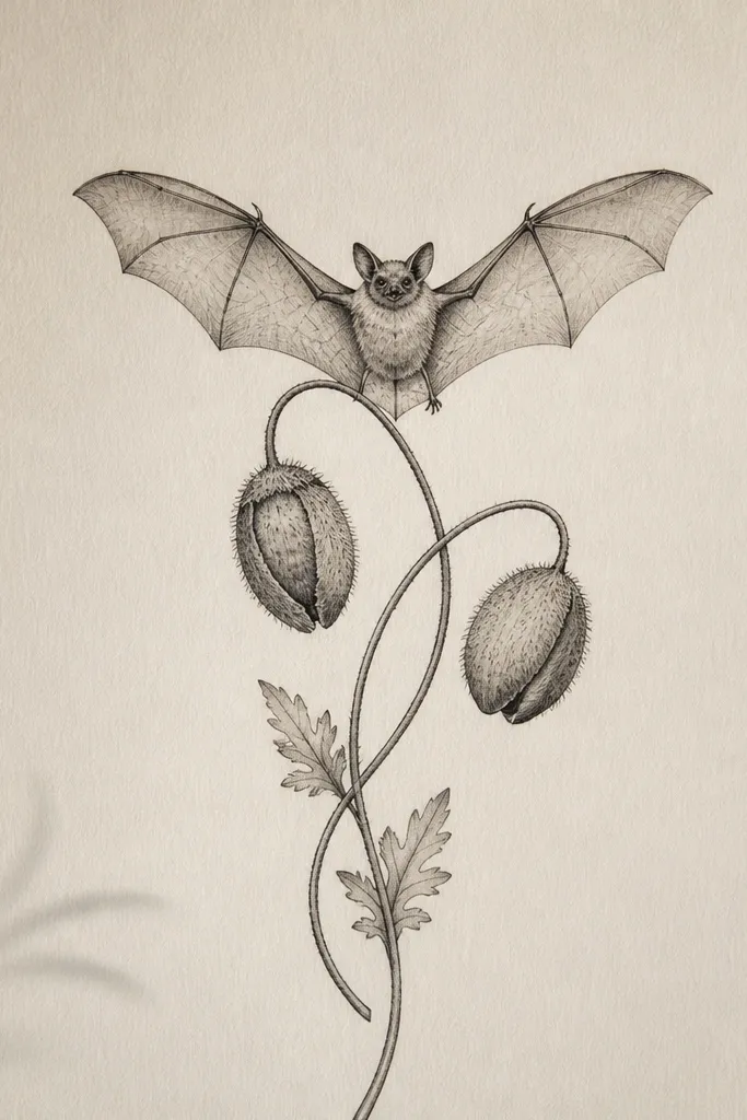 A bat with lightly shaded wings sits above a pair of poppy-like buds. Curled stems wrap down with two or three small leaves that look hand-drawn.