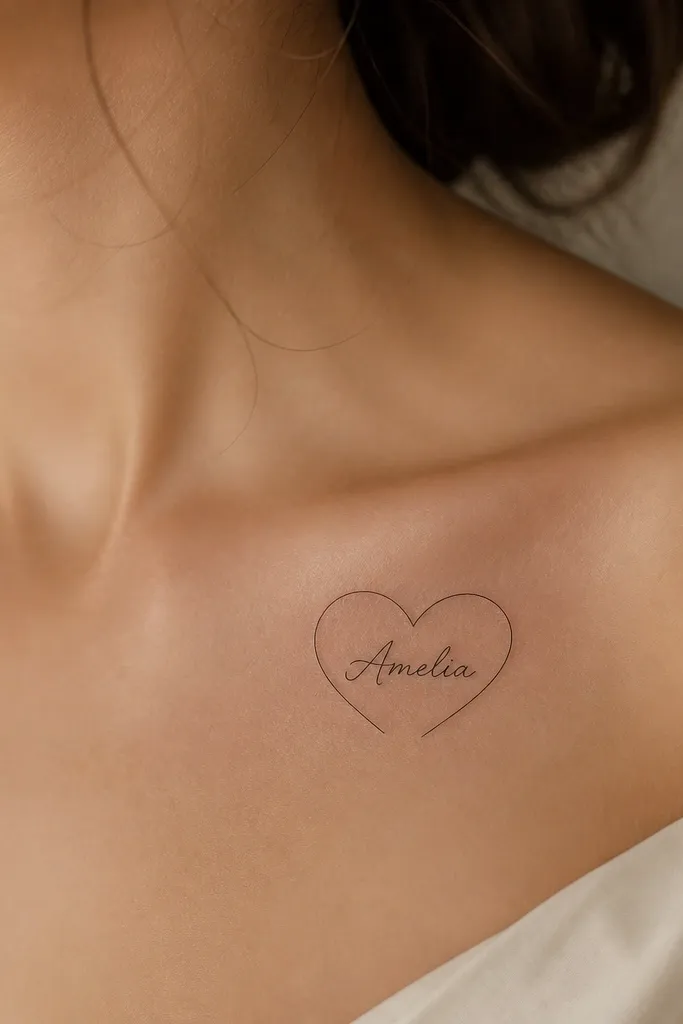 A collarbone tattoo: the name in neat black script, centered, with a thin outline heart drawn around it like a light frame. The heart outline is slightly open at the bottom.