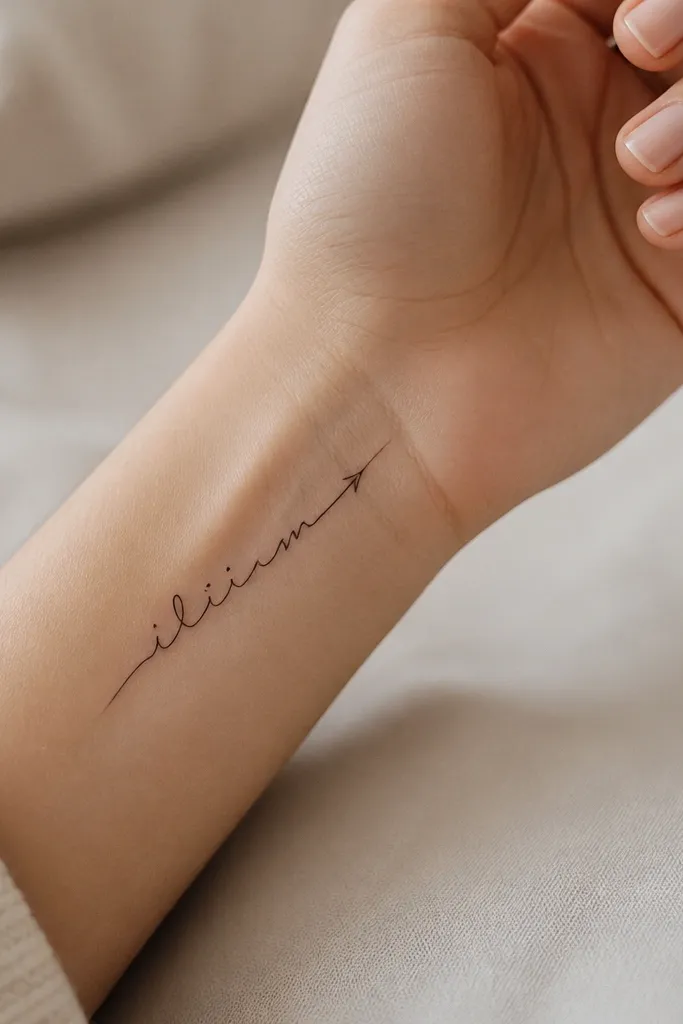 A name tattoo that starts on the inner wrist and trails slightly toward the thumb side. The letters are black cursive, and a single thin arrow line points toward the last letter.