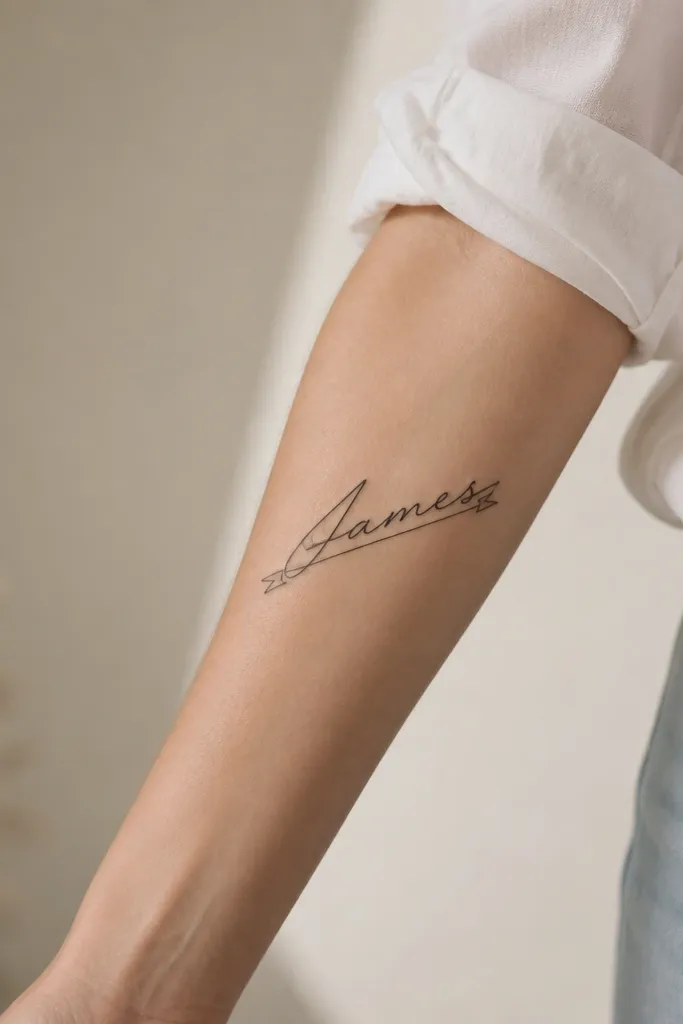 A forearm tattoo: the boyfriend's name in black cursive, with a thin ribbon-like underline. The underline has two small curled ends, like a bow tail, but stays very narrow.