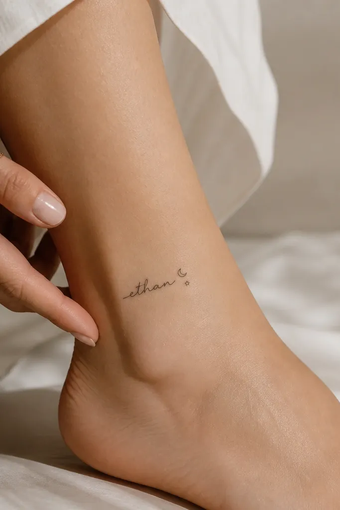 On the ankle: the boyfriend's name in small black cursive. Next to it sits a tiny crescent moon outline and one tiny star outline, both no larger than a freckle.
