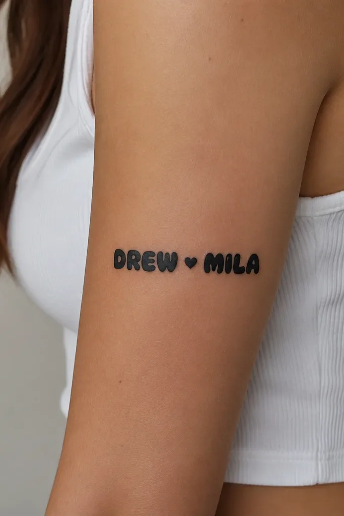 Upper arm tattoo: the boyfriend's name in rounded bubble-style black letters with a small filled heart placed between two words or near the center. The edges are smooth and even.