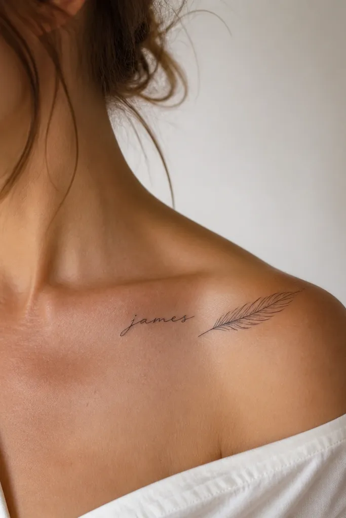 On the top of the shoulder near the collarbone: the boyfriend's name in small black cursive. A single feather line illustration sits to one side, with fine tapering lines and no heavy shading.