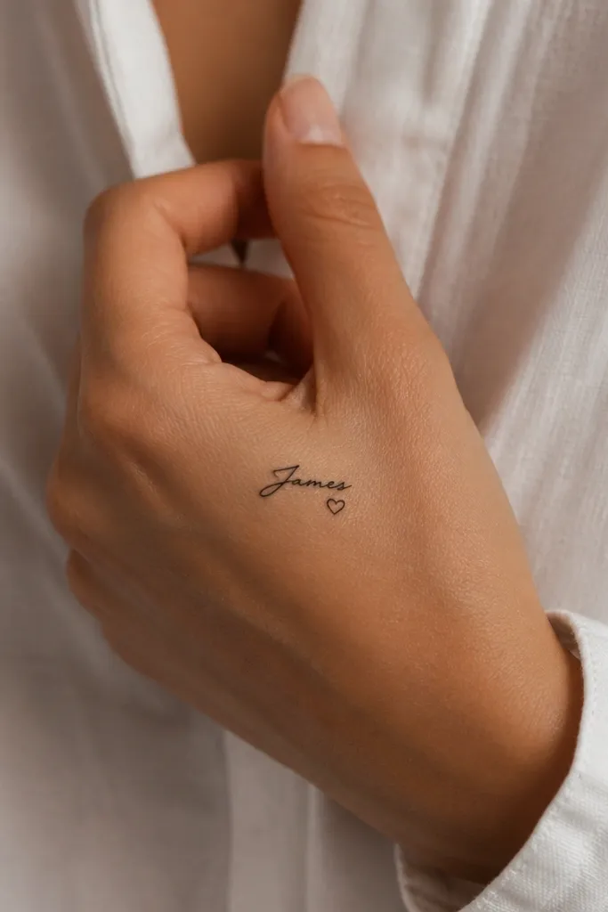 A tiny tattoo on the side of the hand near the thumb: the boyfriend's name in black handwritten script, with a small heart outline just under the last letter. The lines are crisp and compact.