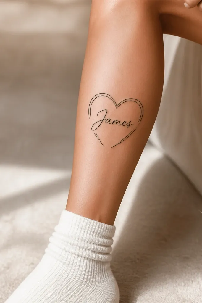 On the calf: the boyfriend's name in black cursive, with a double-line heart shape framing it like two thin outlines. The heart is open at the bottom, forming a bracket look.
