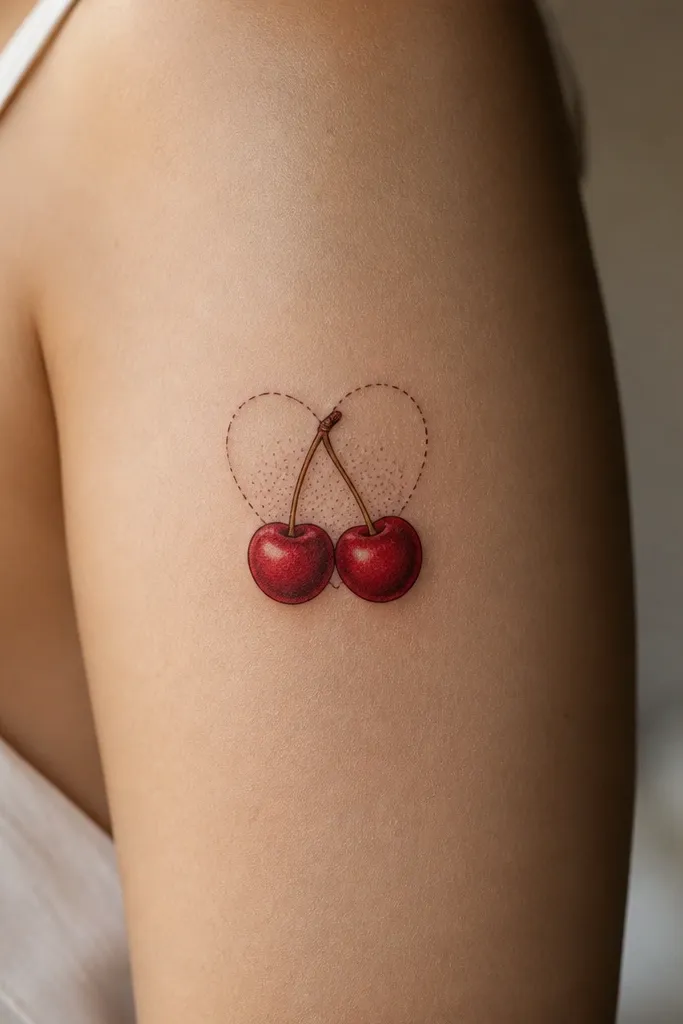 A small heart outline behind two cherries, the heart drawn in fine line with a partial dashed fill, and the cherries colored with bright red centers and darker wine edges.