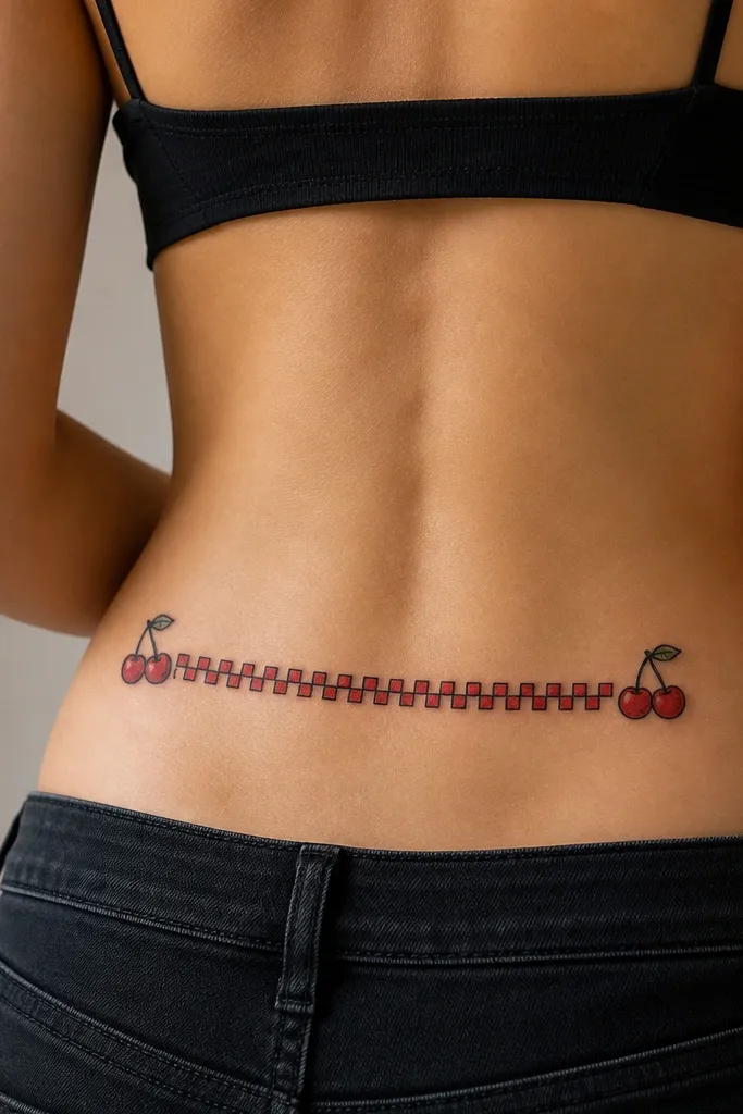 A horizontal band across the lower back made of alternating small red squares, with two cherries sitting on the band ends and tiny black outlines separating the squares.