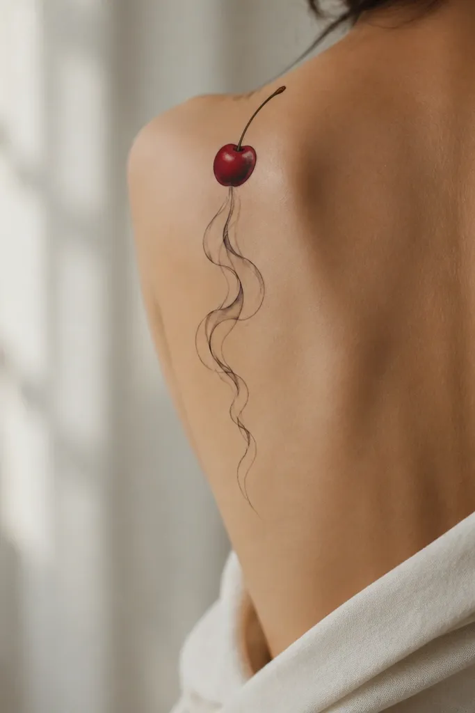 A cherry at the top of the design with three thin smoke wisps curling downward, the smoke linework in fine black and the cherry in red with a dark wine shadow.
