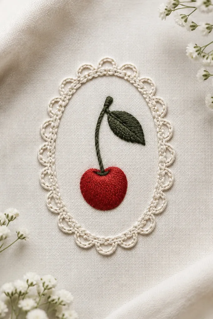 A lace-like oval outline around a single cherry, with tiny scalloped curls at the edges, and the cherry filled red with a darker stem and leaf.