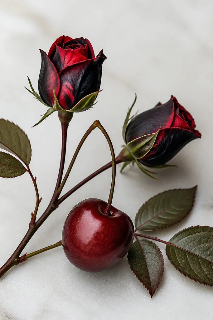 A small cluster of one cherry and two tiny rose buds, with red fruit shading and black-and-red rose petals, plus thin leaves branching outward.