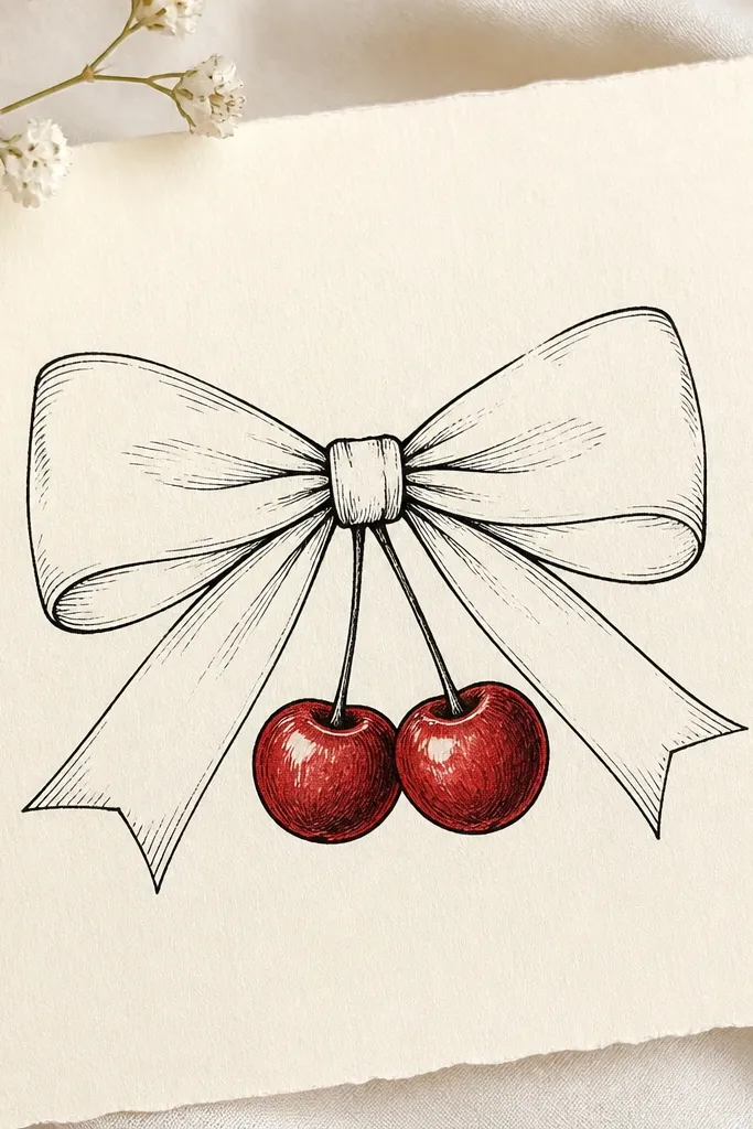 A bow tie drawn in fine black line with two cherries attached at the center knot, cherries shaded red with a dark outline and subtle highlight spots.