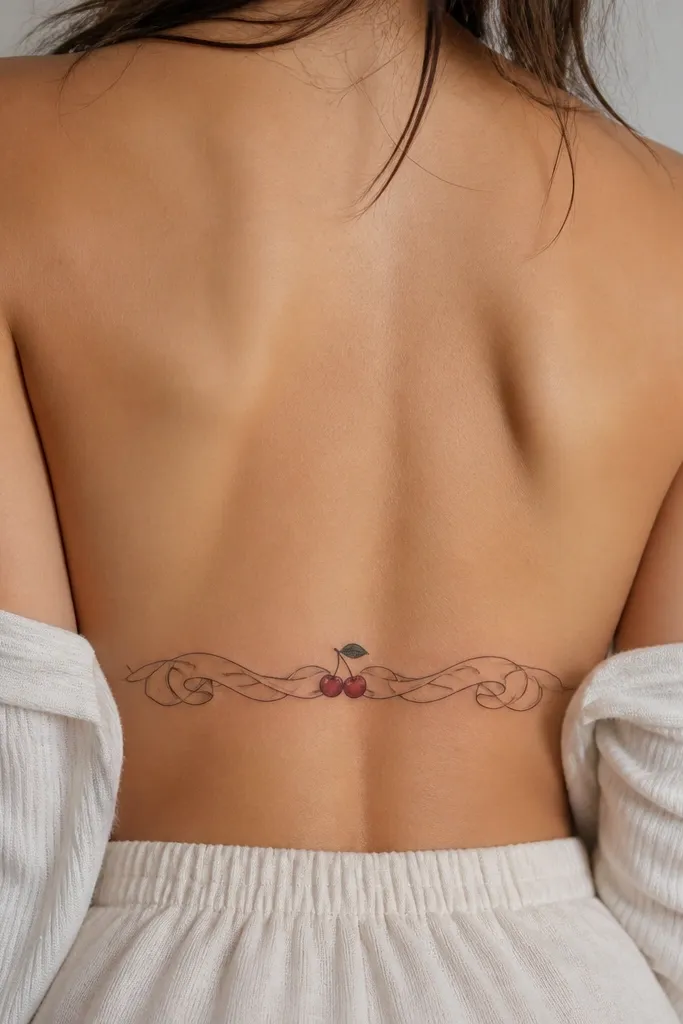 A ribbon banner across the lower back with a tiny cherry in the center, black cursive script wrapping on both sides, and red fruit shading with a small leaf.