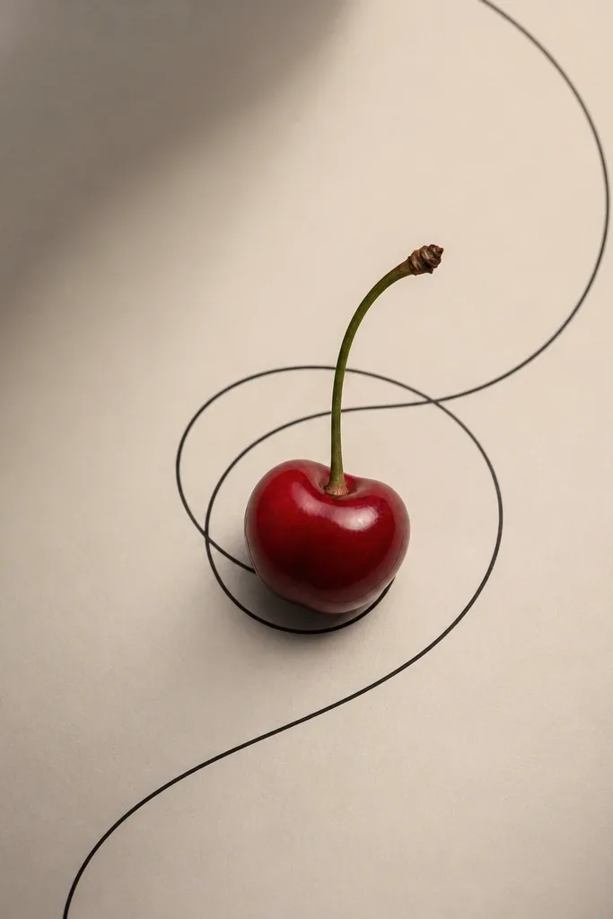 A thin pinstripe swirl that curves around a cherry, with the swirl drawn in black and the cherry filled red with wine shadows and a small highlight.