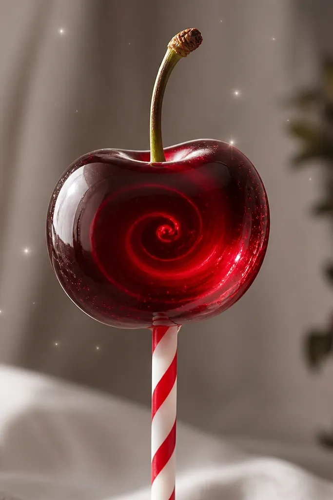 A cherry-shaped lollipop head with a spiral candy stick, the cherry shaded red and wine, and tiny sparkles around it.