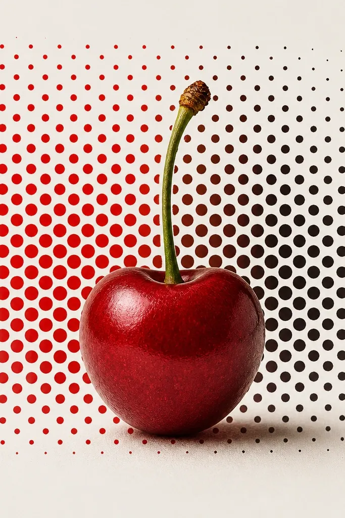 A cherry with a halftone dot pattern behind it in red-to-black, the cherry in bright red with wine shading, and dots forming a square-ish vintage poster block.