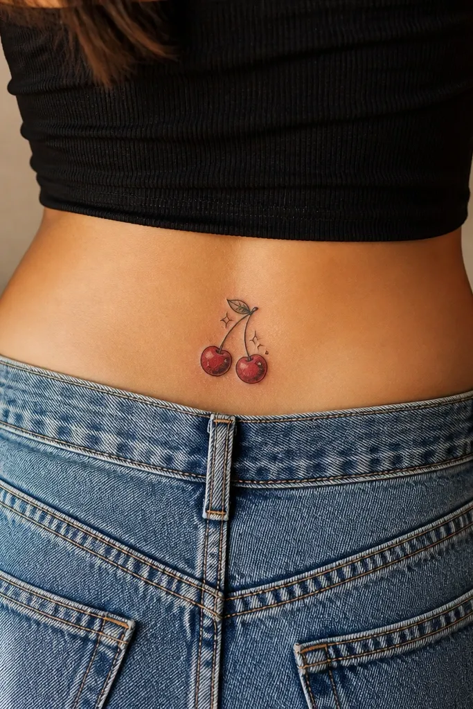 Two cherries stacked like a playful hourglass, each with thick black outlines, deep red fruit, a small leaf on the outer side, and tiny sparkle dots above and between them. A short ribbon tail curls under the lower cherry.