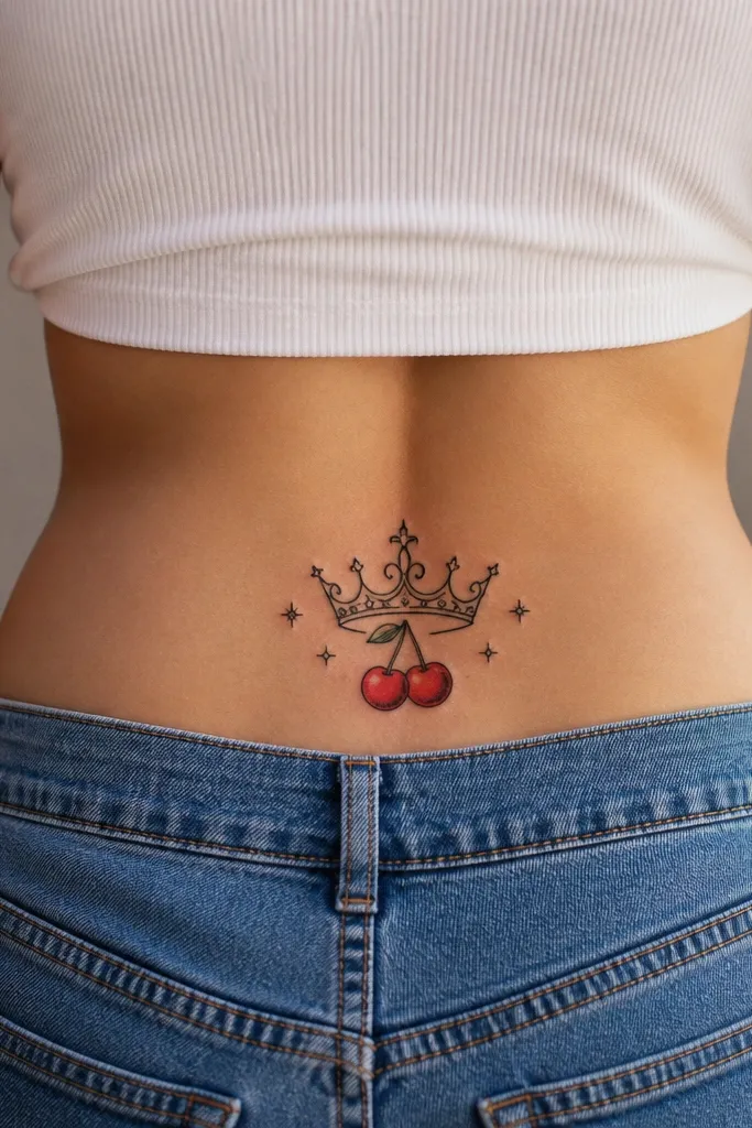 A small crown made of three red cherries, each outlined thick in black, with a curved band behind them. Tiny starbursts sit on both sides, and a thin arc line frames the top cherries.
