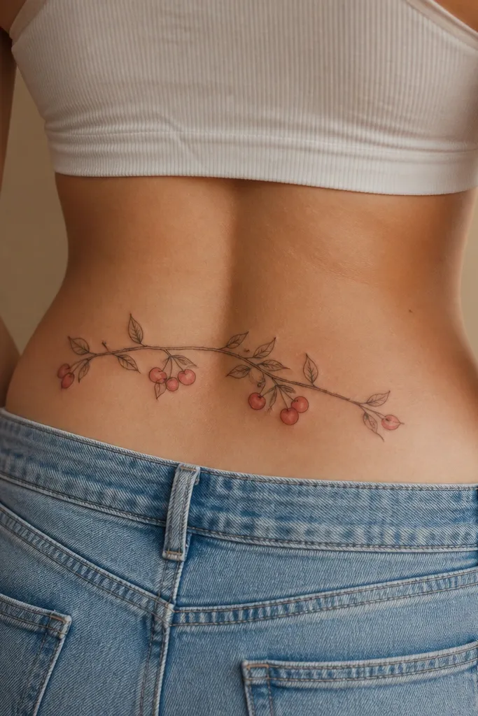 A thin black branch line arcs across the spine with five small cherries along it. Each cherry is red with a small highlight, and tiny leaves fill the gaps like a vintage botanical illustration.
