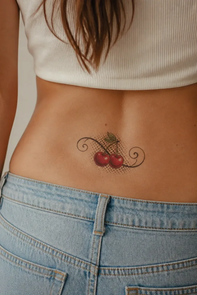 A swirling vine line in black that wraps around a single cherry. Behind it is a cloud of evenly spaced dot background, with a few larger dots like vintage print variation.