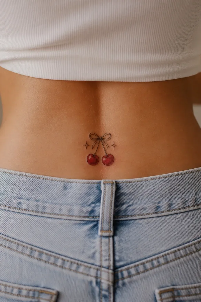 A bow shape in black linework with two cherries tucked at the center. Small starbursts and sparkle dots scatter around the bow, and there's a thin outline border around the whole composition.