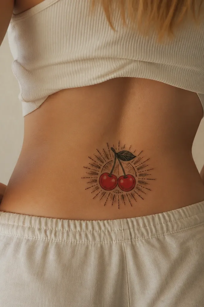A single cherry in the center with a sunburst behind it made of short black rays. The cherry is red with a highlight, and the rays alternate between solid black and small dot tips.