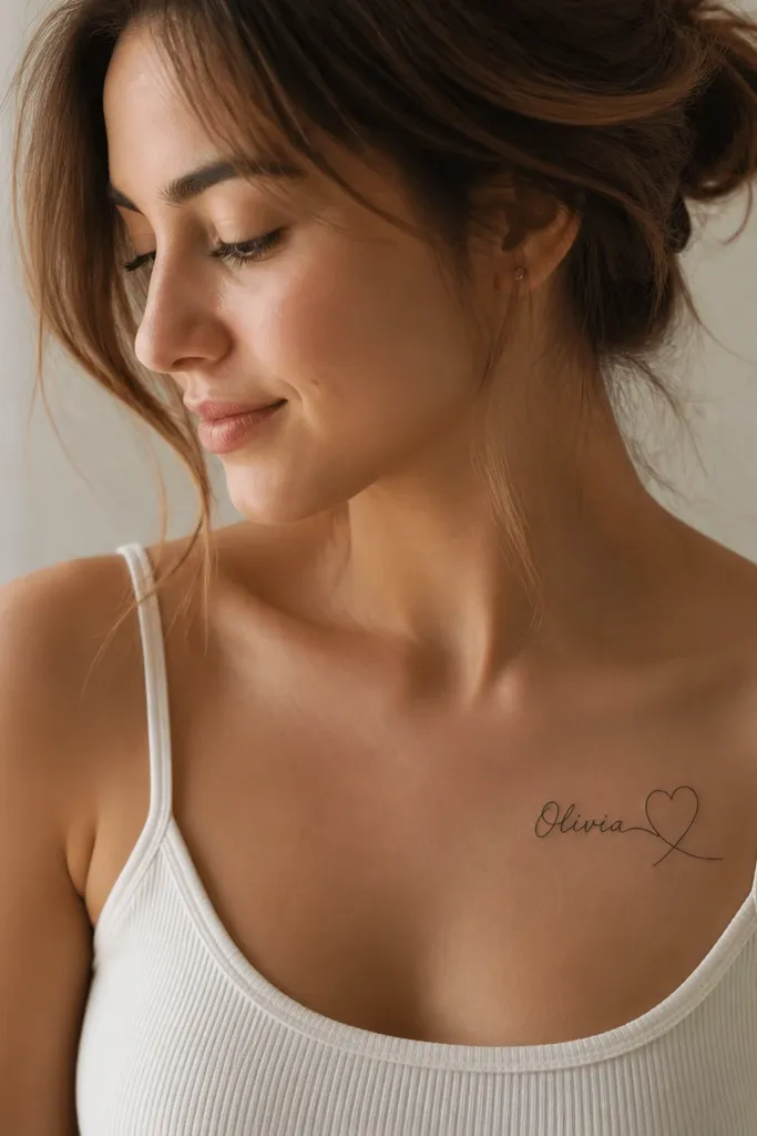 A name in neat cursive on the left upper chest, with a single continuous-line heart outline wrapping lightly around the name's baseline.