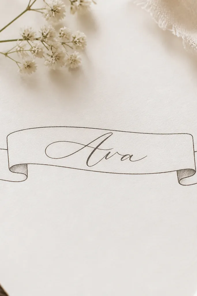 A short name in elegant script with a thin ribbon banner behind it; the ribbon has two small tails and stays mostly outline with light shading only at the folds.