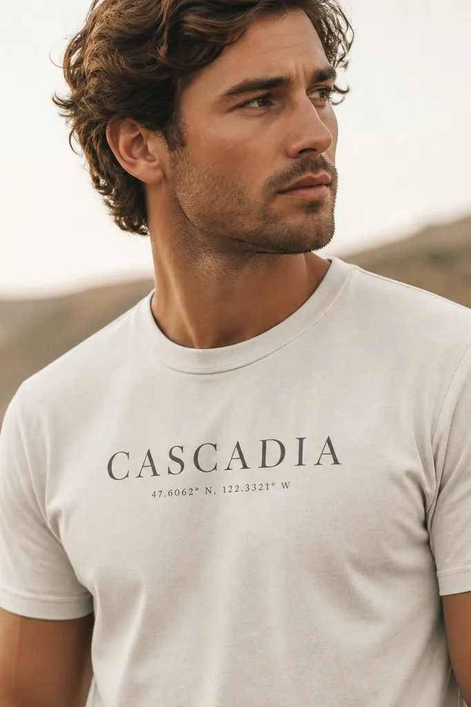 A name in Roman serif letters across the upper chest with a small set of latitude/longitude numbers under it in tiny print.