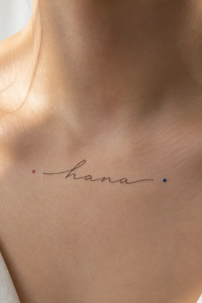 A name in thin cursive with two small colored dotwork accents flanking the name, like birthstones - one warmer tone on the left and a cooler tone on the right.