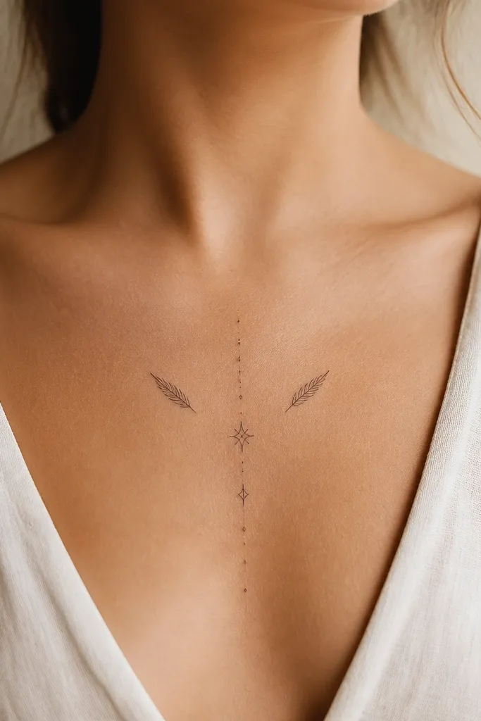 A vertical name running down the upper chest with two tiny feather line drawings on the left and right sides, each feather only a few strokes.