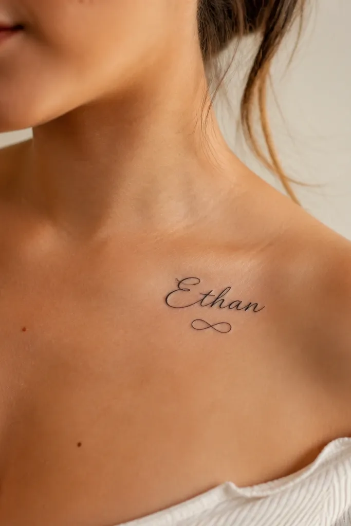 A neat cursive name on the upper chest with a small infinity symbol directly underneath, drawn in thin linework.