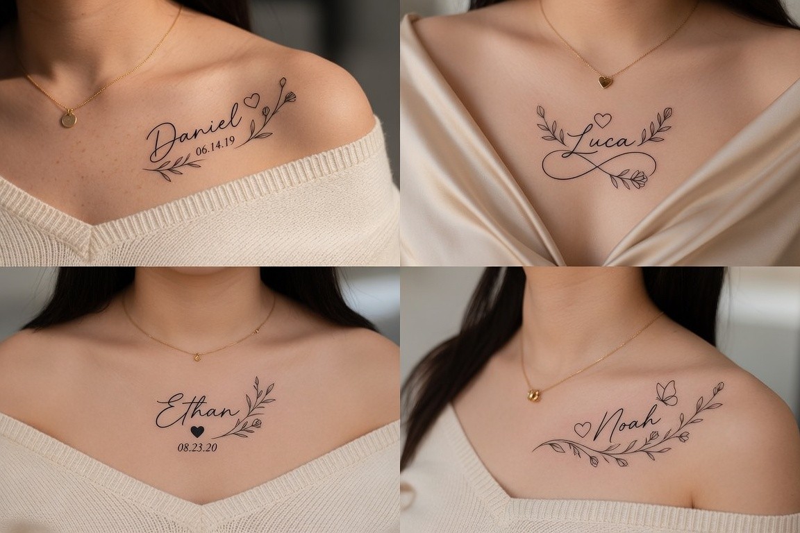 Chest name tattoos for women with classy meaning