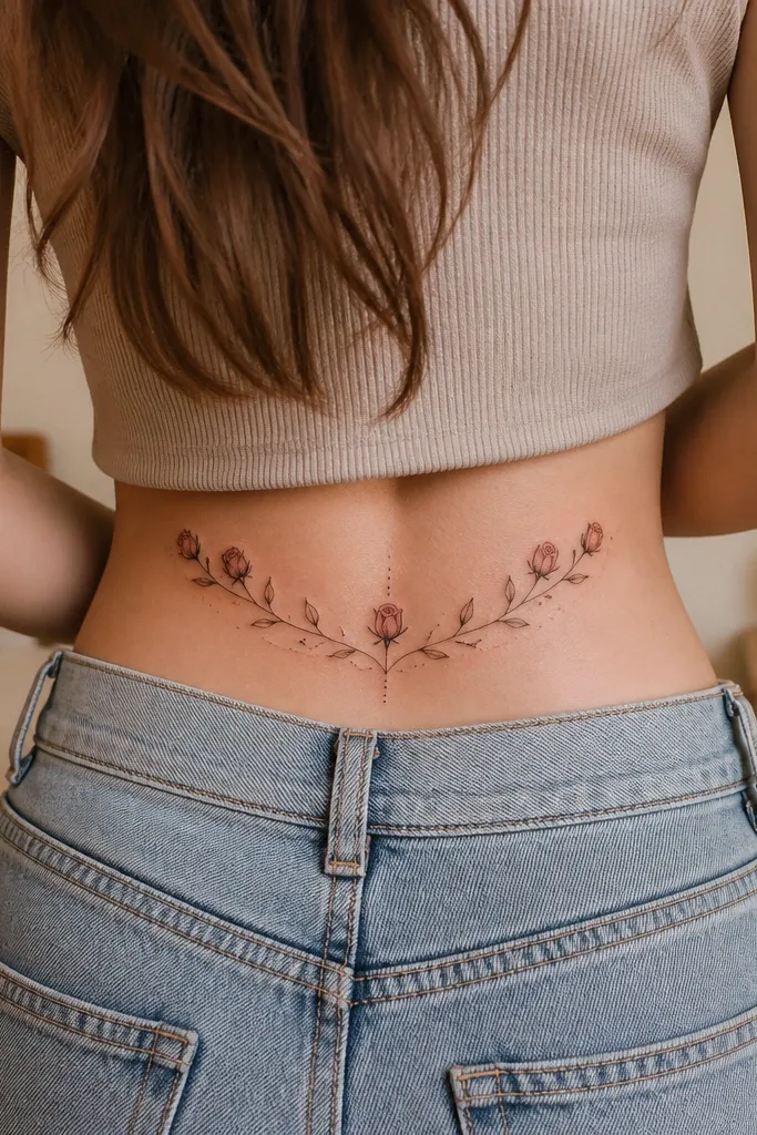 A small arc tattoo across the lower back showing two rosebuds in blush pink with tiny dot highlights, thin stems, and lots of clean skin space in the center.