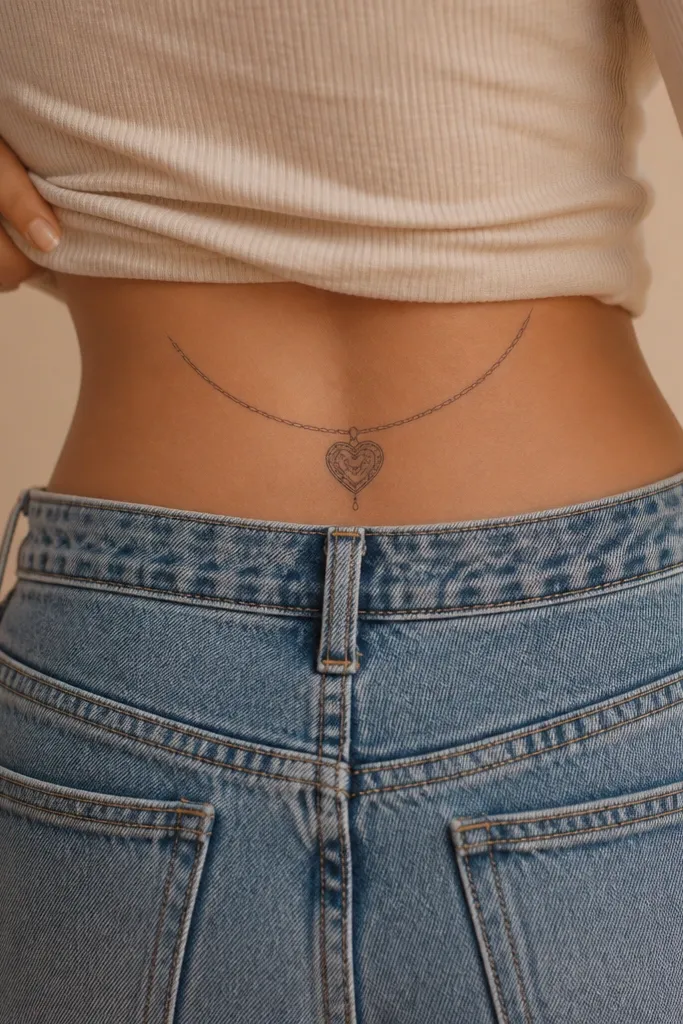 A tiny locket shape centered on the lower back with a small heart inside, filled with pale pink and warm brown shading, with a delicate chain line above it.