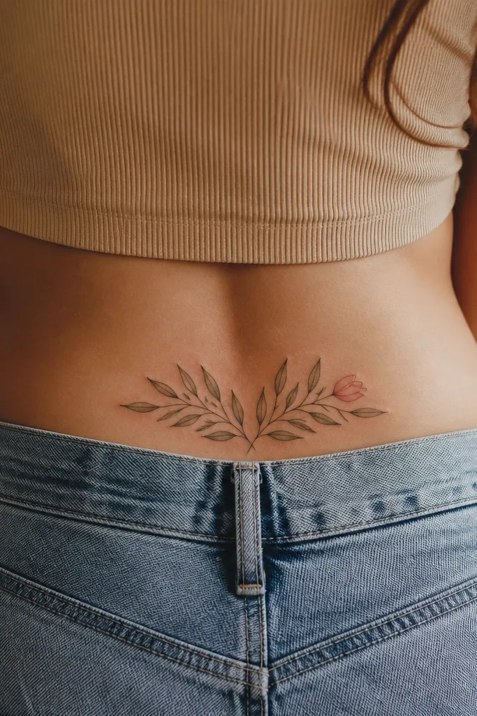 A semicircle fan of olive leaves on the lower back with one blush pink petal placed at the top center, all in soft shading.