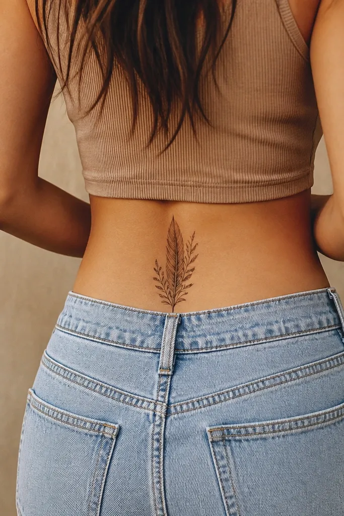 A slender feather on the lower back made of fine botanical lines, filled with warm sepia wash and small leaf-like barbs.