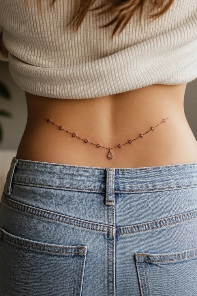 A short strand of pearl-like circles across the lower back in pale white and light gray, with one small teardrop bead hanging at the center.