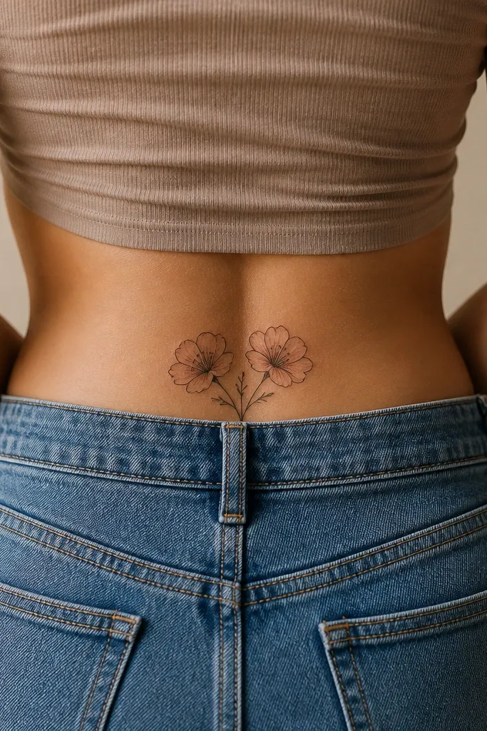 Two small cherry blossoms on the lower back, one slightly higher than the other, with pale pink petals and faint vein lines.